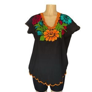 Mexican Embroidered Blouse Artesanal Floral Black Cotton Boho Festival NEW